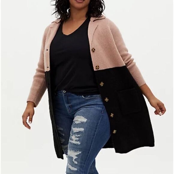 Torrid Beige & Black Colorblock Button Front Sweater Coat Plus Size 1 - Picture 1 of 9